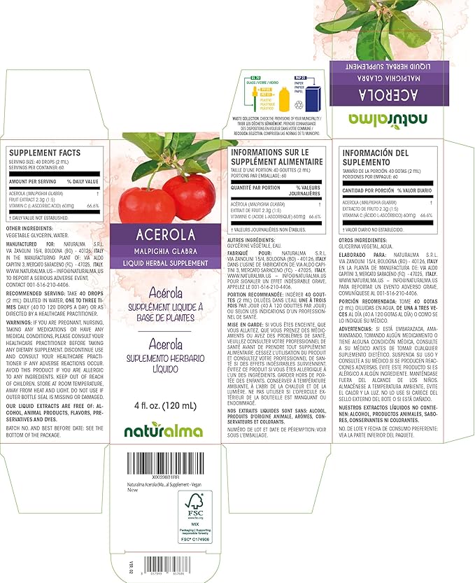 Naturalma Acerola (Malpighia glabra) Fruit Alcohol-Free Tincture - Rich in Vitamin C - 4 fl oz Liquid Extract in Drops - Herbal Supplement - Vegan