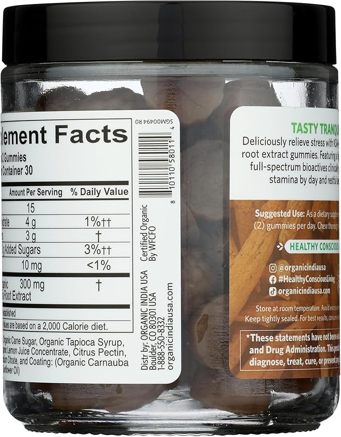 ORGANIC INDIA Ashwagandha Gummies for Men & Women - Stress Supplement, KSM-66 Ashwagandha Root, Extra Strength, Calm Chews, Vegan, Non-GMO - Lemon Lime, 60 Gummies