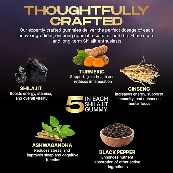 4-in-1 Organic Himalayan Shilajit Gummies | Fortified with Ashwagandha, Turmeric, & Ginseng | for Energy, Immunity & Cognitive Support | 90 Count | Sugar Free, Vegan, Non-GMO | for Men and Women