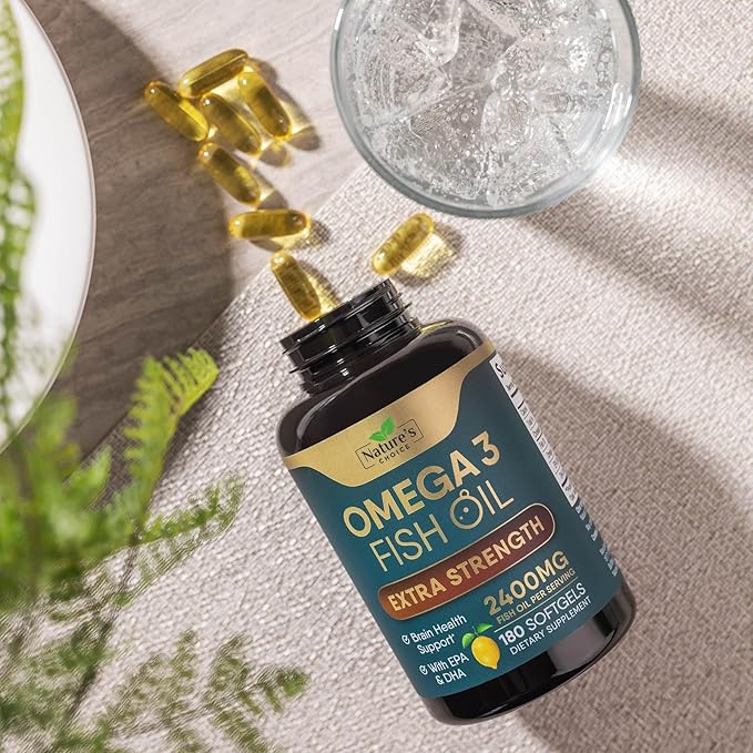 Triple Strength Omega 3 Fish Oil Supplement, EPA & DHA Fish Oil Omega 3 Essential Fatty Acids Supplement Softgels, 2400 mg Brain & Heart Health Support Supplements, Gluten Free, Non-GMO, 180 Softgels