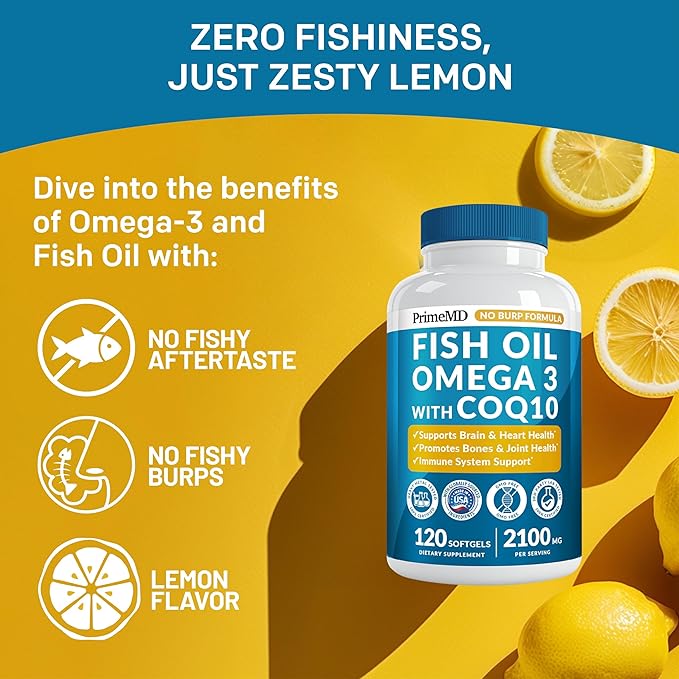 5-in-1 Fish Oil Omega 3 Fatty Supplements (2100mg) - Omega 3 Fish Oil with Vitamins D3 K2 and CoQ10 - Lemon Flavored (120 softgels, Pack of 4)