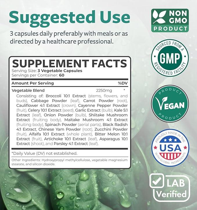 Super Greens Antioxidants Superfoods 2250mg Supplement - 20 Ingredients with Sprouts, Mushrooms, Roots, Garlic, Bitter Melon, Artichoke, Celery Seed, Cayenne pepper, Alfalfa NON GMO - 180 Capsules