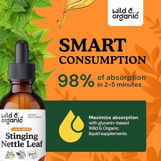 Wild & Organic Stinging Nettle Leaf Extract Drops - Urinary Tract Support - Liquid Stinging Nettle Supplement - Urtica Dioica Tincture - 2-Month Supply - Vegan, Sugar & Alcohol-Free - 2 fl oz