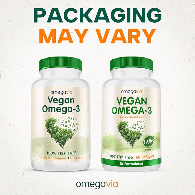 OmegaVia Vegan Omega 3 Supplement, Algae Omega 3 Fish Oil Alternative, 300mg Vegan DHA Fatty Acids, Plant Based, Planet and Ocean Friendly, IAOS 5 Star Tested, 60 Softgels