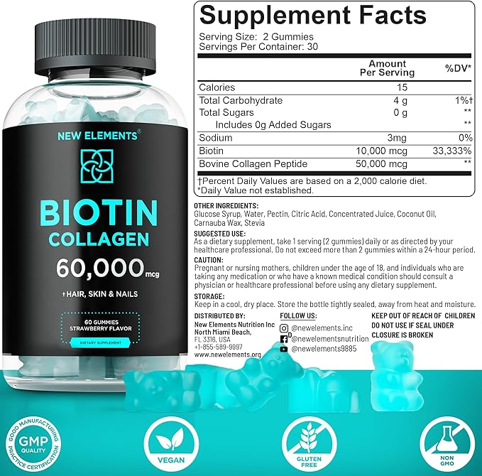 Biotin & Collagen Peptides Gummies - 50,000mcg Collagen + 10,000mcg Biotin | Hair, Skin & Nails Support for Men & Women | Hair Growth, Glowing Skin & Strong Nails | Non-GMO, Chewable, Great-Tasting