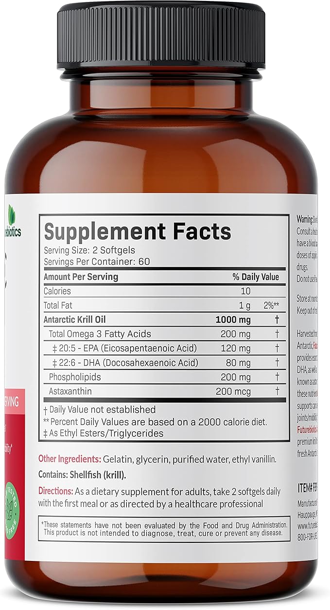 Futurebiotics Antarctic Krill Oil 1000mg with Omega-3s EPA, DHA, Astaxanthin and Phospholipids - Premium Krill Oil Heavy Metal Tested, Non GMO – 120 Softgels (60 Servings)