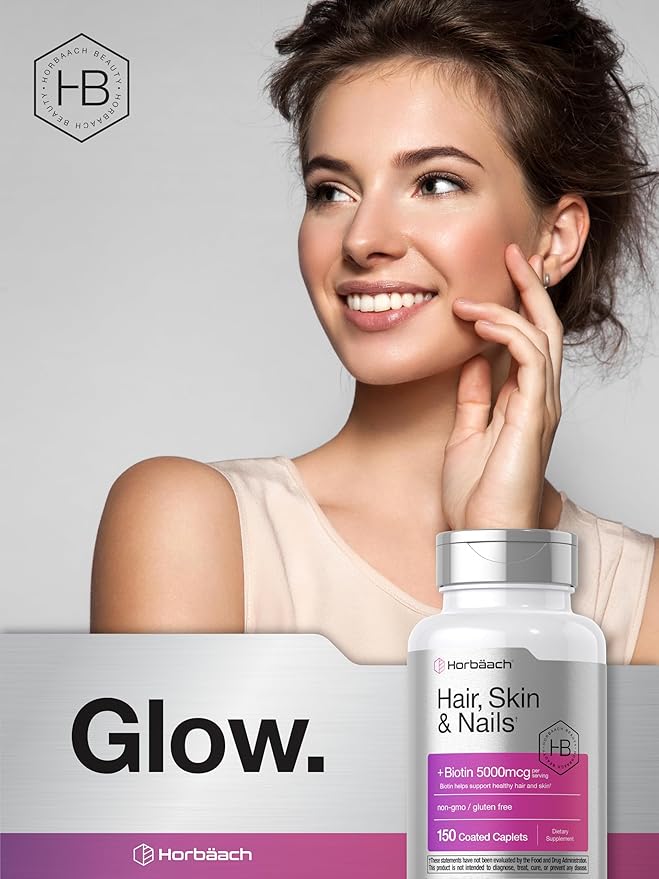 Horbäach Hair Skin and Nails Vitamins | 150 Caplets | with Biotin and Collagen | Supplement for Women and Men | Non-GMO, Gluten Free