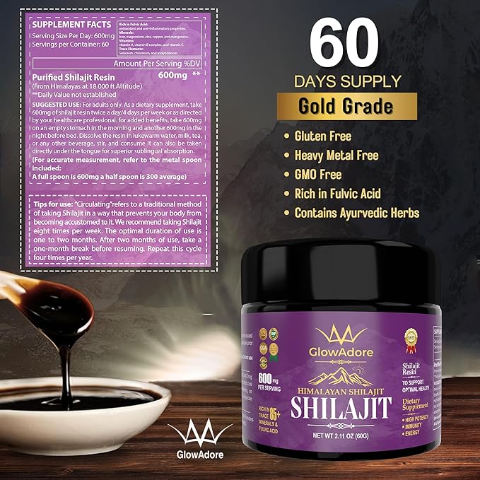 Shilajit Pure Himalayan Organic - 60g - Shilajit for Men - Shilajit for Women - Pure Shilajit - Tested for Safety - Himalayan shilajit - for Immune System Booster & Vitality - shilajit Resin