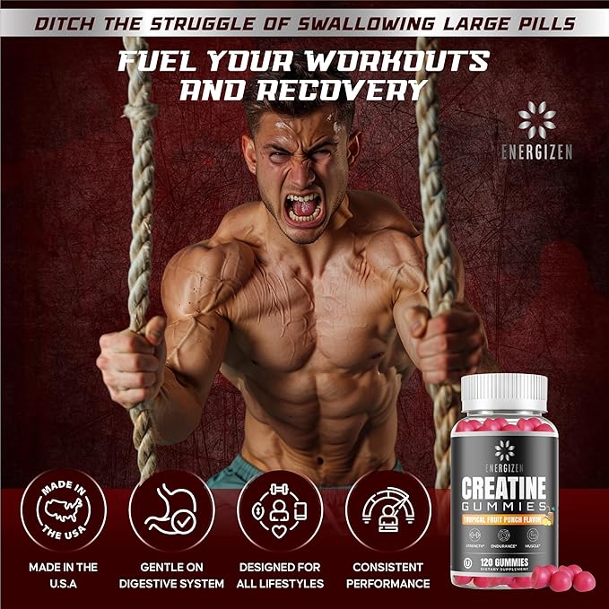Creatine Monohydrate Gummies – Tropical Fruit Punch Flavor | 5g Creatine Per Serving | Vegetarian, Kosher, Halal, Gluten-Free, Gelatin-Free, Natural Flavors & Colors.