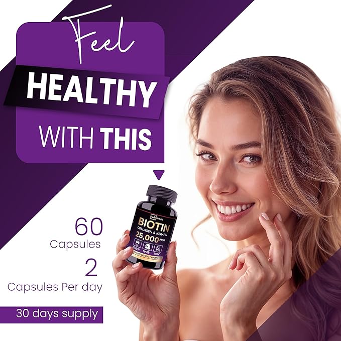 Biotin Hair Skin & Nails Vitamins – 25,000 mcg Biotin with Collagen, Keratin & Hyaluronic Acid – Supports Healthy Hair, Radiant Skin & Strong Nails – Unisex Supplement – 60 Capsules