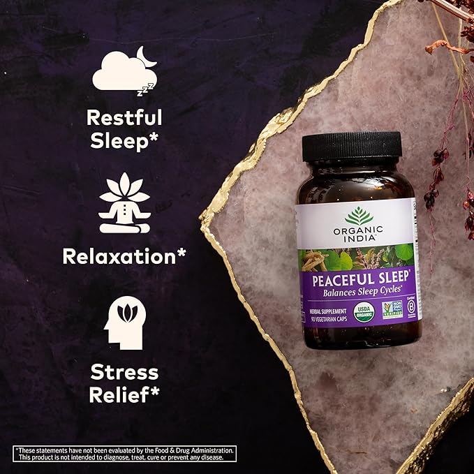 ORGANIC INDIA Peaceful Sleep Herbal Supplement - Deep Sleep Aid, Herbal Sleep Aid for Adults, Natural Sleep Aid Without Melatonin, Supports Sleep Cycles, USDA Certified Organic, Non-GMO - 90 Capsules