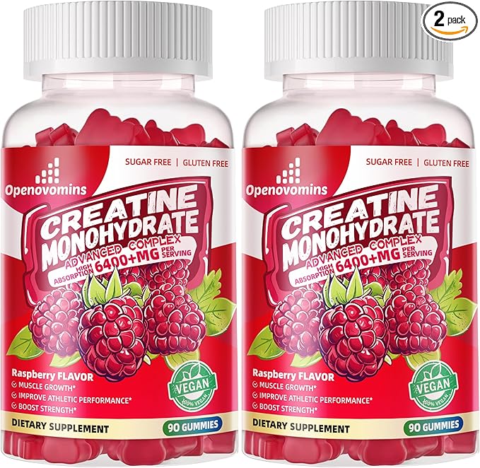 Creatine Monohydrate Gummies Complex for Men & Women -Advanced Formula W/L-Taurine + Vitamin B12, Sugar Free Chewable Supplement,180 Raspberry Gummies 2pack