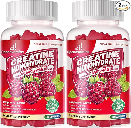 Creatine Monohydrate Gummies Complex for Men & Women -Advanced Formula W/L-Taurine + Vitamin B12, Sugar Free Chewable Supplement,180 Raspberry Gummies 2pack