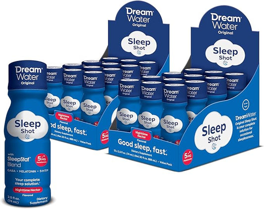 Dream Water Sleep Aid Supplement Drink; Melatonin 5mg, GABA, 5-HTP; Zero sugar, Natural flavors, No added colors, 2.5 oz liquid sleep shots, Nighttime Nectar, 24-Count