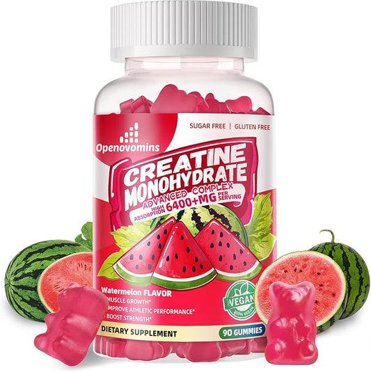 Creatine Monohydrate Gummies Complex for Men & Women -Advanced Formula W/L-Taurine + Vitamin B12, Sugar Free Chewable Supplement,90 Watermelon Gummies