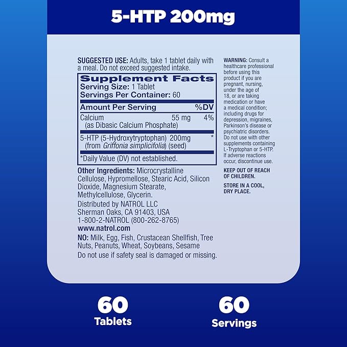 Natrol 5-HTP 200mg, Dietary Supplement Helps Support a Balanced Mood, 60 Time Release Tablets, 60 Day Supply