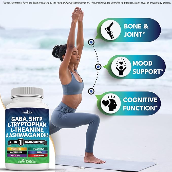 NEW AGE GABA 750mg 5 HTP 200mg L Tryptophan 500mg L Theanine 200mg Ashwagandha SAM-e L-Glycine - Vitamins for Women and Men with L-Tyrosine 5-HTP (5-Hydroxytryptophan) - 180 Count