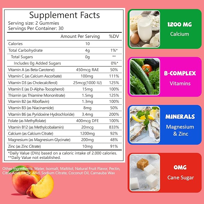 Calcium Gummies for Women 1200 mg, Calcium Chewables with Vitamin D3 Magnesium Zinc, Vegan, Sugar Free, Gluten Free, 60 Count