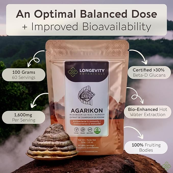 Longevity Botanicals Wildcrafted Agarikon Mushroom Extract Powder 100g | Concentrated 10:1 Ratio | 100% Fruiting Bodies | Laricifomes Officinalis Supplement for Immunity & Respiratory Support
