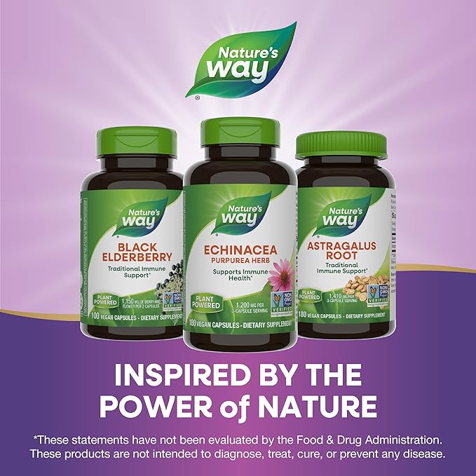 Nature's Way Echinacea Purpurea Herb, Immune Support*, 1,200 mg per 3- Capsule Serving, Non-GMO Project Verified, Vegan, 180 Capsules