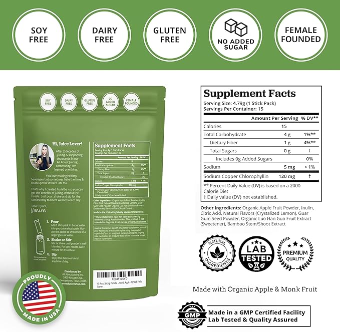 All About Juicing PuriVibe Chlorophyll Shots | Superfood Juice Powder, Wellness Shot Supplement - 2X Strength - Green Juice - Infused with Lemon & Apple - 15 Stick Packs