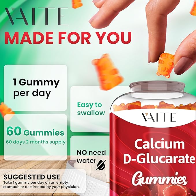 Calcium D-Glucarate Gummies 1000mg - CDG Cleanse Supplement for Men and Women, Hormone Metabolism Balance & Menopause Supports, Non-GMO, Vegan, Gluten Free, Soy Free Supplements, 60 Gummy Chewables