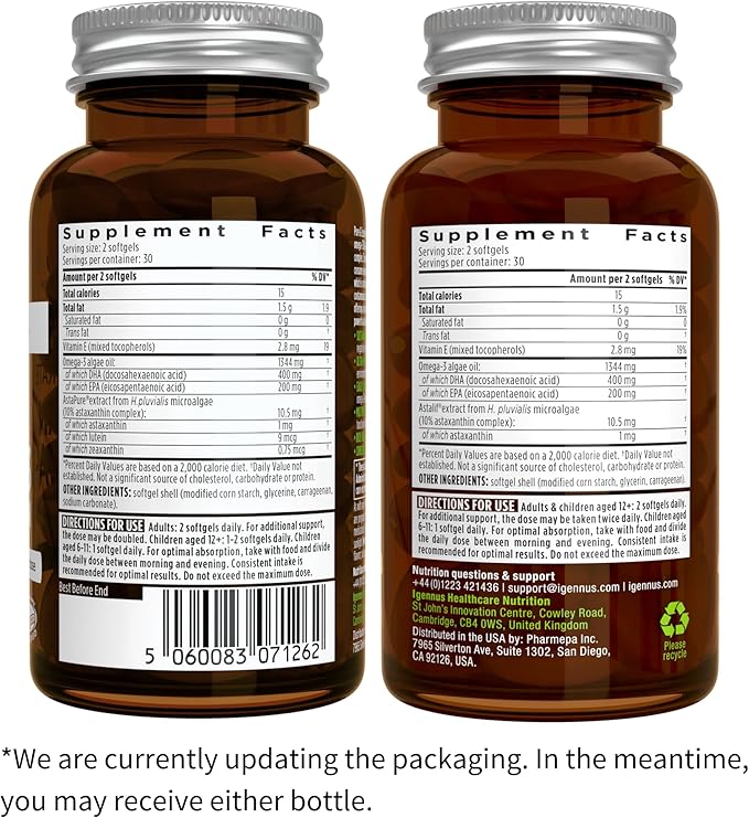 Igennus Vegan Omega-3 Natural Triglyceride Algae Oil, DHA & EPA Fatty Acid Supplement, 60 Small Softgels with Astaxanthin, Easy-to-Swallow, Pure & Sustainable, 30 Servings