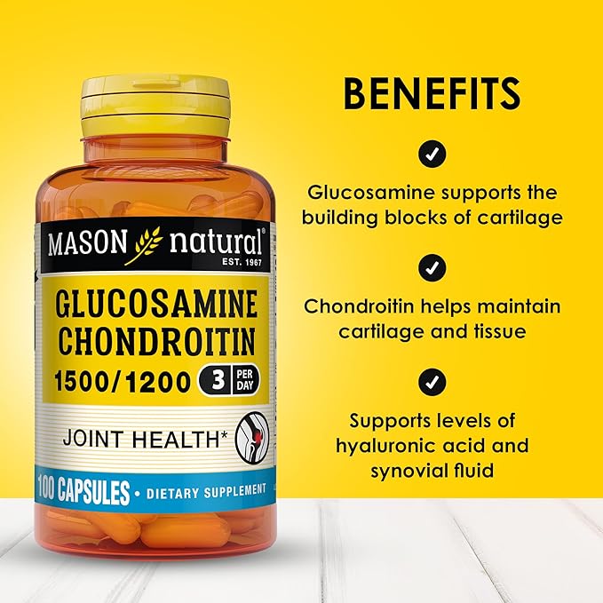 MASON NATURAL Glucosamine Chondroitin 1500/1200 3 Per Day with Vitamin C - Supports Joint Health, Improved Flexibility and Mobility*, 100 Capsules