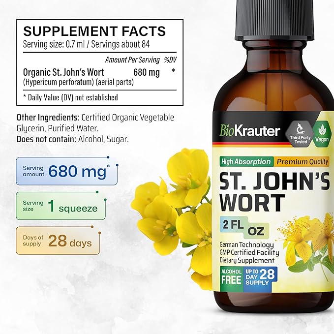 BIO KRAUTER St John's Wort Tincture - Hypericum Perforatum Liquid Extract for Mood Support - High Absorption - Vegan Drops 2 Fl.Oz.