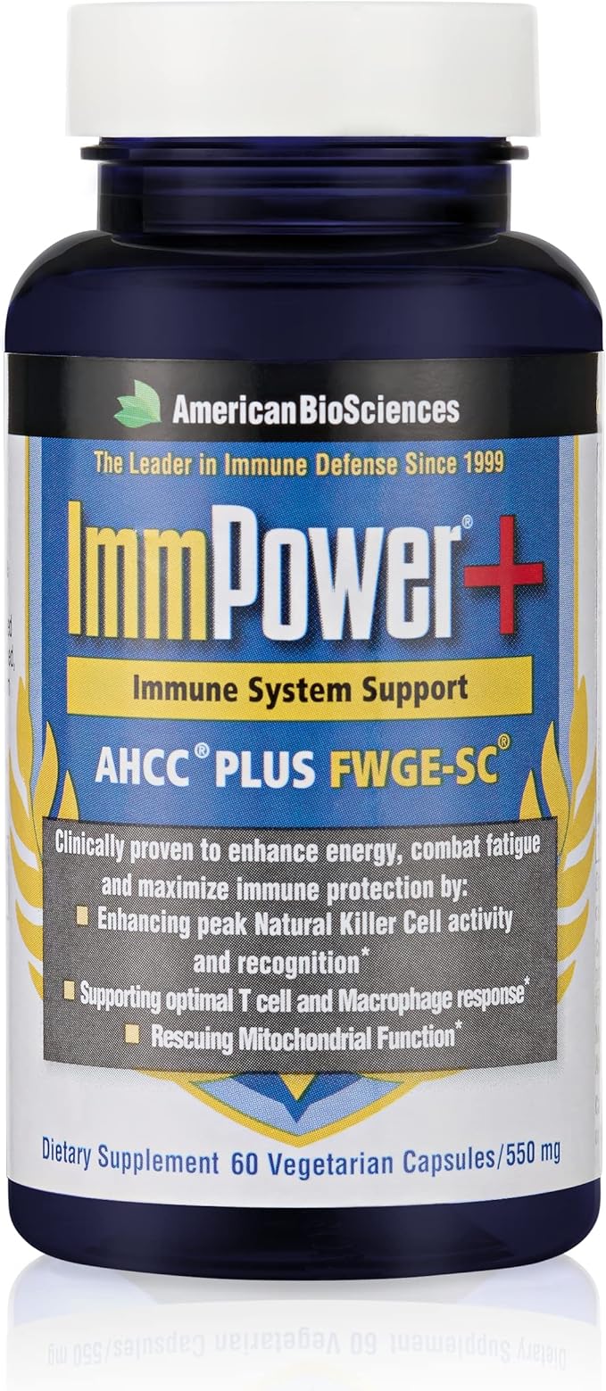 ImmPower Plus - Immune Support and Mitochondrial Rescue - AHCC & Fermented Wheat Germ Extract - Mushroom Extract Supplement - 60 Vegetarian Capsules, 550mg/capsule