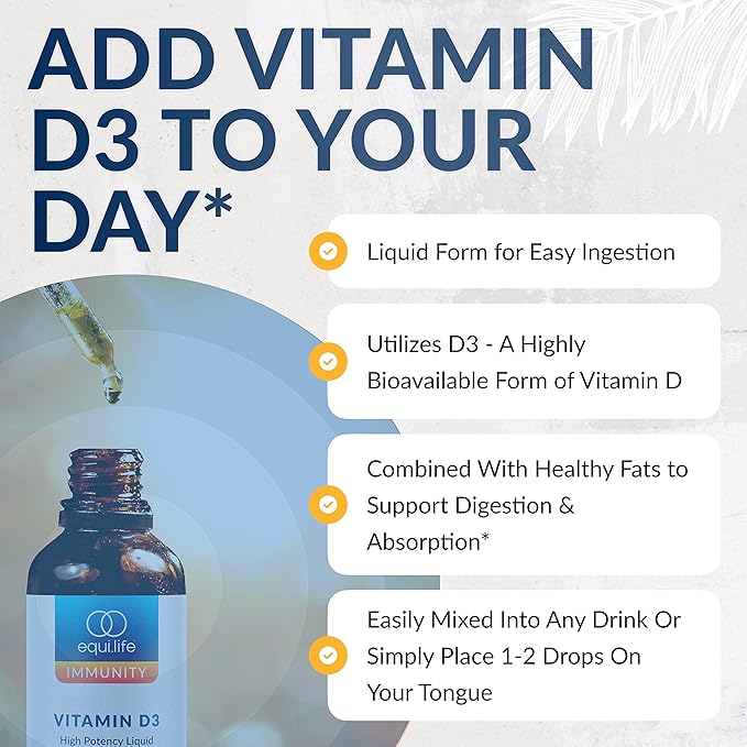 Equilife - Vitamin D3: Liquid Vitamin 3 Supplement, Immunity Support Drop, Promotes Bone Health, Helps Increase The Effectiveness of Calcium & Phosphorus, Formulated for Maximum Absorption (12 ml)