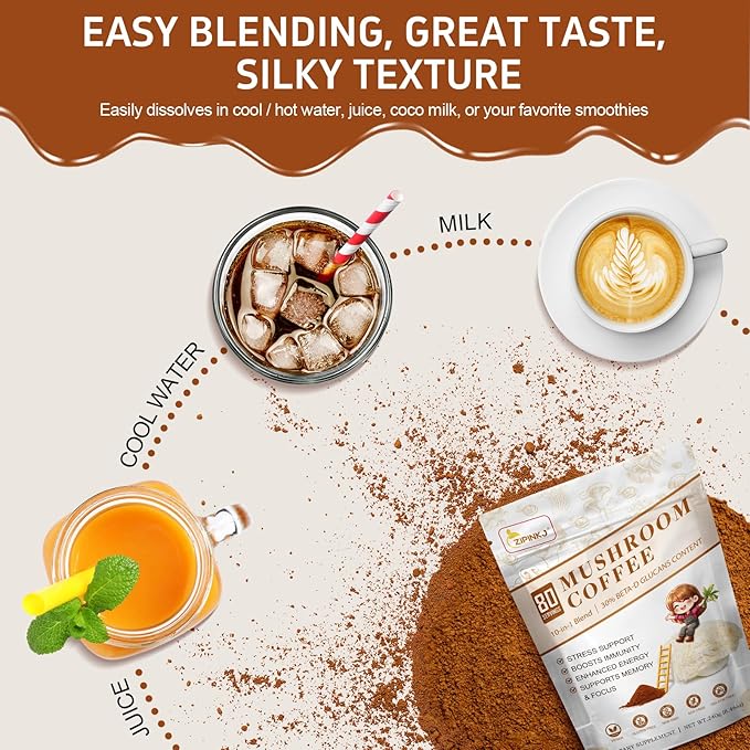 Mushroom Coffee Powder Organic (80 Servings) Instant Coffee Natural Ingredients - Lion's Mane, Cordyceps, Reishi, Chaga Mushrooms Powder Supplement Better Focus and Immunity, Gut Digestion