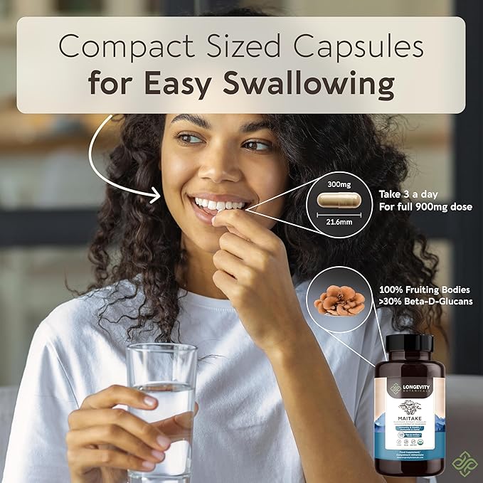Longevity Botanicals Organic Maitake Mushroom Extract Capsules (120) | Concentrated 10:1 Ratio | 100% Fruiting Bodies | Grifola frondosa Natural Supplement for Gut Health & Immunity Support
