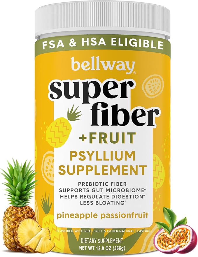 Bellway Super Fiber Powder + Fruit, Sugar Free Organic Psyllium Husk Powder Fiber Supplement for Regularity, Bloating Relief & Gut Health, Non-GMO, Plant-Based, Pineapple Passion Fruit (50 Servings)