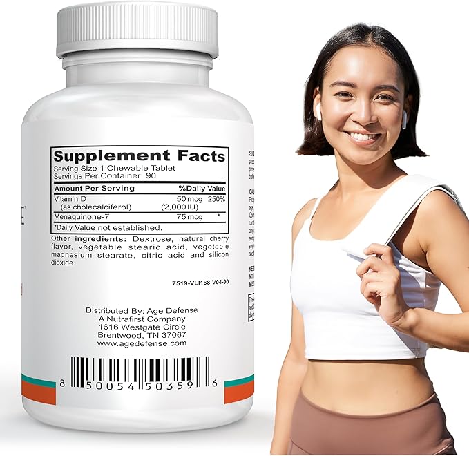 Vitamin D3 2000 IU with K2-90 Chewable Tablets with Cherry Flavoring-Natural Energy Booster-Supports Vitality, Immune Health, & Overall Wellness-Vitamin D3 with Vitamin K2 for Men & Women