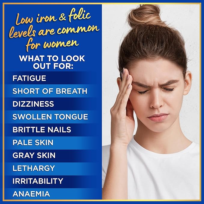 Iron and Folic Acid Supplements for Women - 35mg Gentle Iron Vitamin, Folic Acid 400mcg - Anemia, Period, Pregnancy Support Supplement, Ferrous Sulfate Pills - 60 Vegan Non-Constipating Tablets