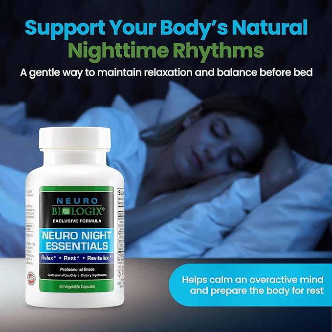 Neuro Night Essentials – Natural Nighttime Support with GABA, Melatonin, Valerian Root, LTheanine, Magnesium & More – Promotes Relaxation, Mood Balance & Rest – 60 Veg Capsules – Made in The USA