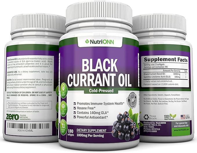 Black Currant Oil - 1000 Mg - 180 Softgels - Cold-Pressed Pure Black Currant Seed Oil - Hexane Free - 140mg GLA Per Serving - Regulates Hormonal Balance - Great for Immune System, Hair and Skin