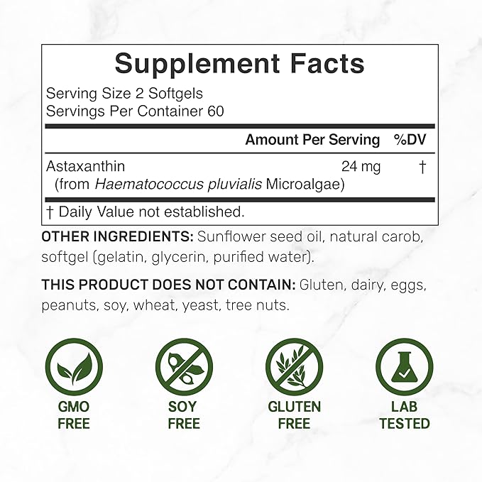 Astaxanthin 24mg Per Serving, 120 Softgels – Double Strength Microalgae – Natural Haematococcus Pluvialis Source – Antioxidant Supplements for Skin, Eyes, Joints, & Immune Support – Non-GMO