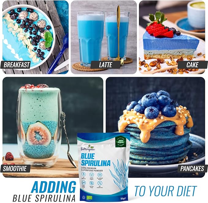 Organic Blue Spirulina Powder - 100% Organic Phycocyanin Spirulina Powder | 50g Vegan Non-Gluten Powder with No Added Sugar