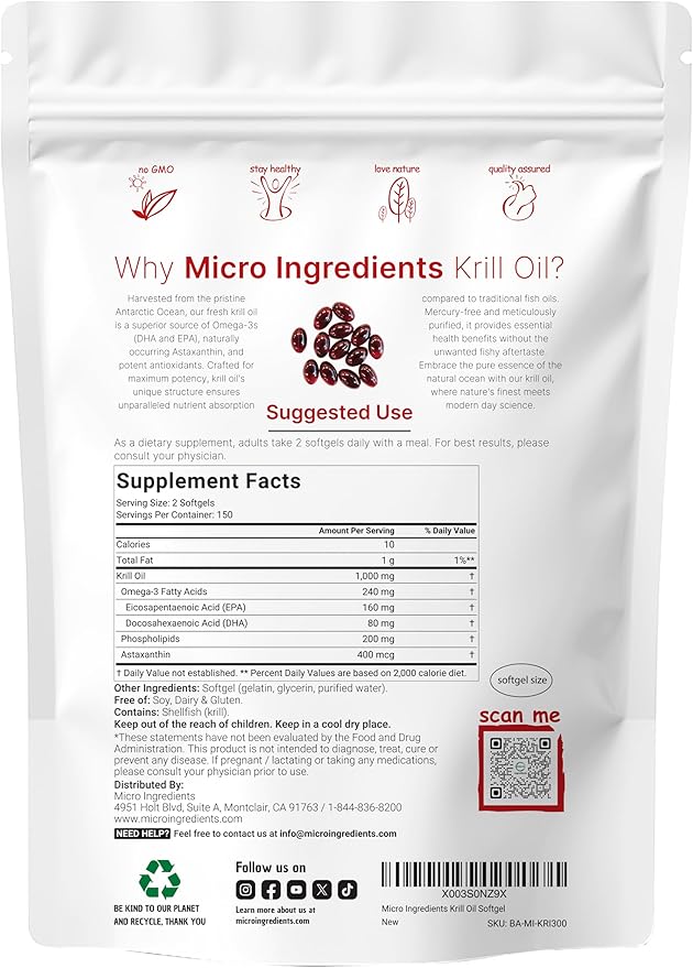 Micro Ingredients Antarctic Krill Oil Supplement with Natural Astaxanthin, 1000mg Per Serving, 300 Soft-Gels, Rich in Omega-3s EPA & DHA, Supports Immune System & Brain Health, Easy to Swallow