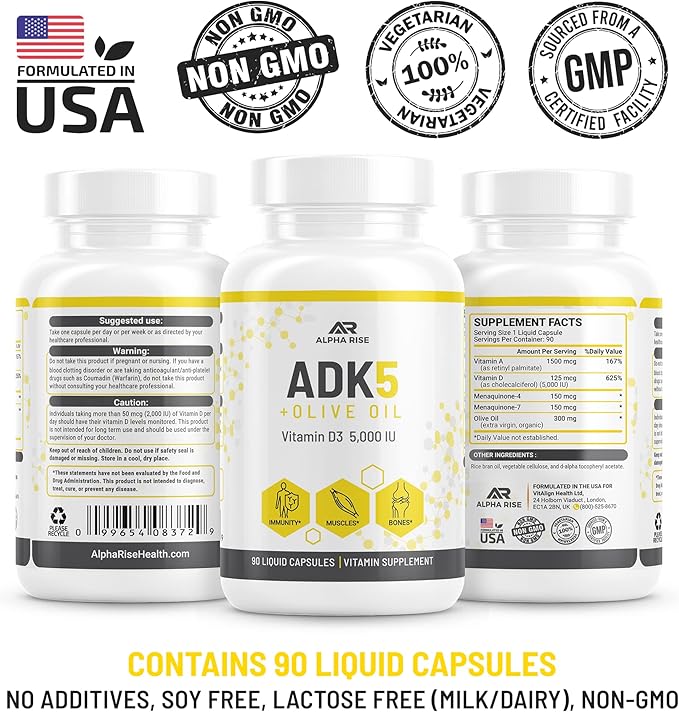 ADK Vitamin Supplement + Olive Oil for Better Absorption | ADK 5 Supplement with Vitamin A D and K | 5000 iu of Vitamin D3 + K2 (MK7+MK4) | 90 Liquid Capsules | Vegetarian | Non-GMO