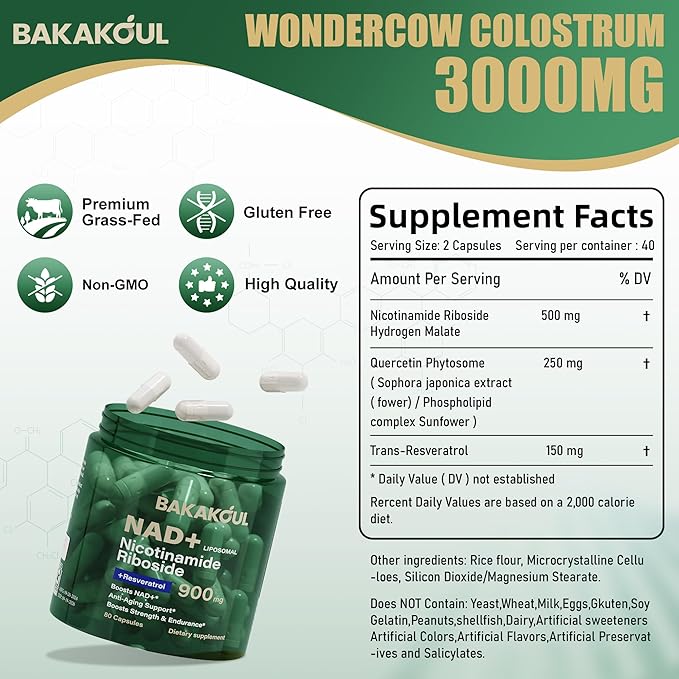 NAD Supplement - Liposomal Nicotinamide Riboside, Resveratrol, Quercetin, NAD Nicotinamide Riboside Resveratrol 900mg, NAD+ Supplement for Men and Women, 80 Capsules 2 Pack