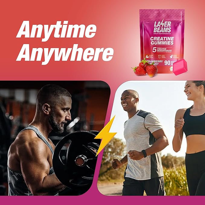 Creatine Monohydrate Gummies - 5g Creapure Creatine per Serving - Vegan, Strawberry Stardust Flavor - Boost Muscle Strength, Endurance, Recovery & Mental Focus - 90 Gummies, Gluten-Free
