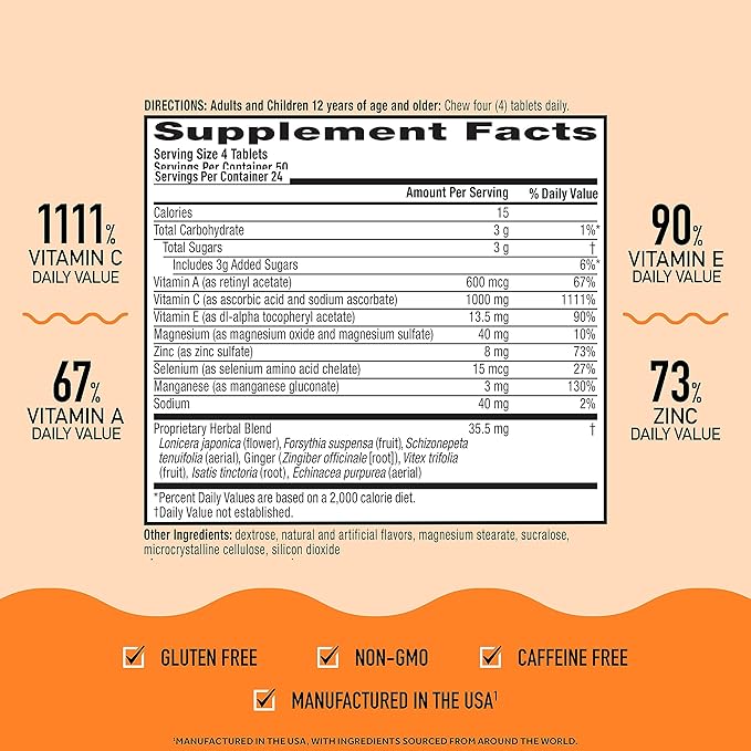 Airborne 1000mg Chewable Tablets with Zinc, Immune Support Supplement with Powerful Antioxidants Vitamins A C & E - 200 Tablets, Citrus Flavor