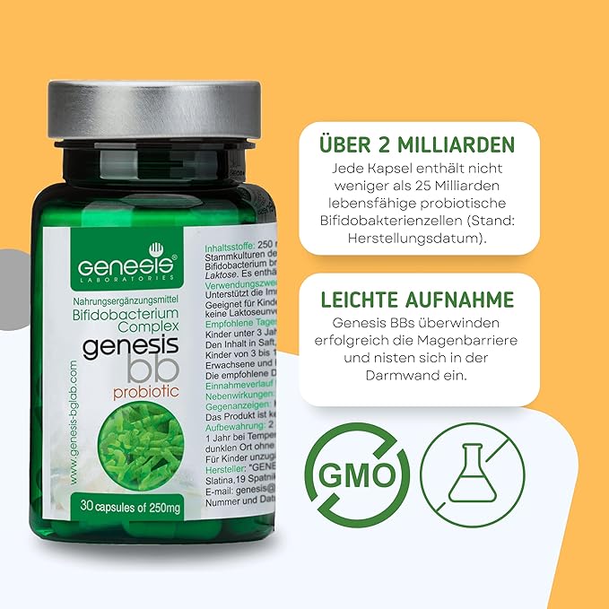 Genesis LABORATORIES Probiotic Supplement with Bifidobacterium spp. 250 mg 30 Capsules Immune Support Gut Health Probiotics for Digestive Health Anti Bloating for Men and Women Gut Restore Probiotic