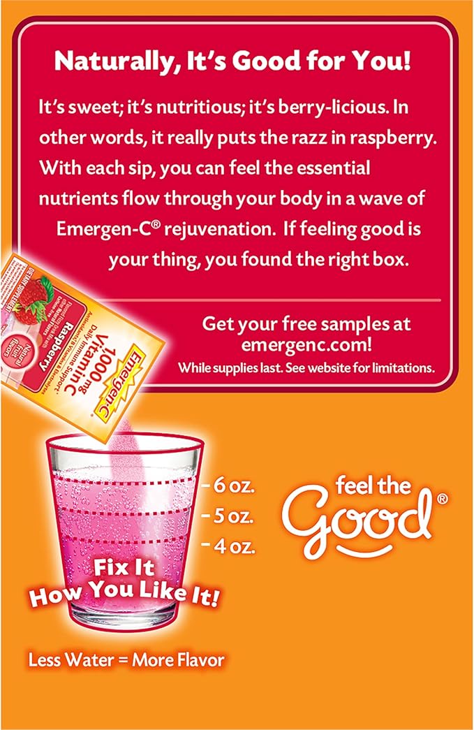 Emergen-C 1000mg Vitamin C Powder, with Antioxidants, B Vitamins and Electrolytes, Supplements for Immune Support, Caffeine Free Fizzy Drink Mix, Raspberry Flavor - 30 Count/1 Month Supply