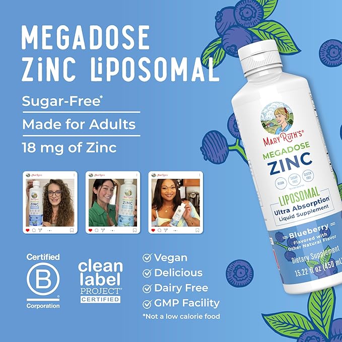 MaryRuth Organics Nutritional Supplement | Liposomal Liquid Zinc Supplement with Vitamin E | Overall Health and Skin Care | Blueberry | Vegan, Non-GMO, Gluten Free, No Sugar Added | 15.22 Fl Oz