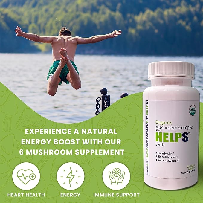 Organic Mushroom Complex Capsules | 6-in-1 Mushrooms Supplement | Brain Health, Immune Support System, Memory & Energy | 1000mg Cordyceps, Chaga, Lion’s Mane, Reishi, Shiitake & Turkey Tail Extract