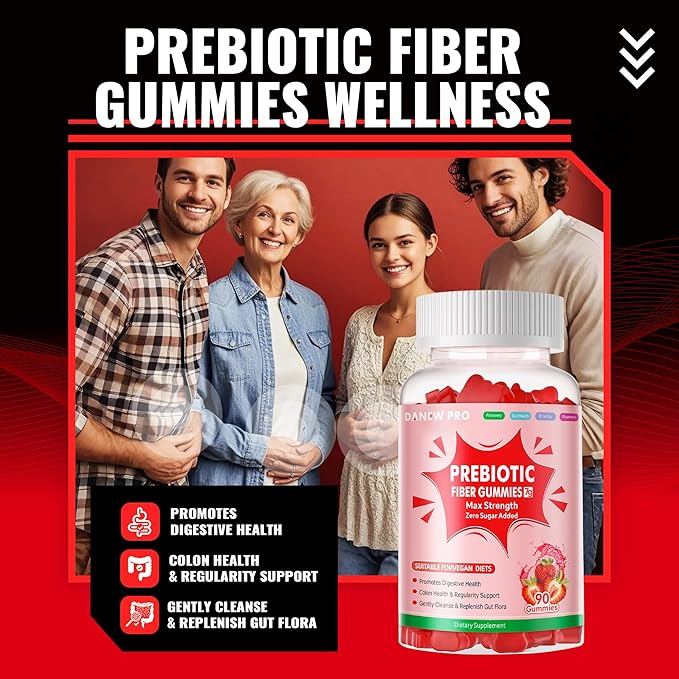 Prebiotic Fiber Gummies for Adults, 7G Extra Strength, Zero Sugar Added, 90 Pectin Based Gummies, Digestive Health & Regularity Support-Strawberry